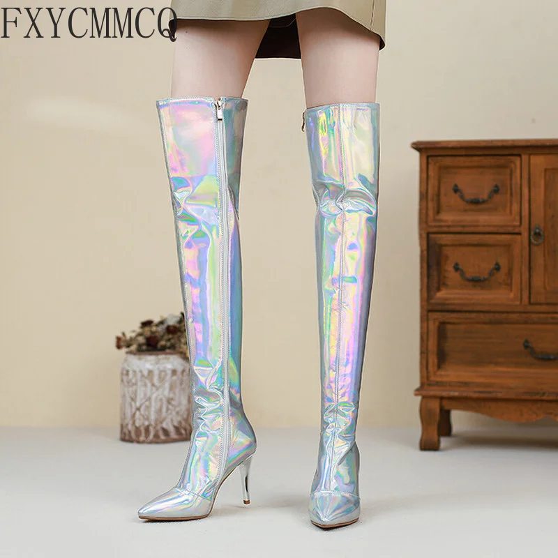 FXYCMMCQ Laser Silver Stiletto Fashion Long Mid-section Boots 31-46 Yards T Stage Catwalk Nightclub Banquet Cm-117B