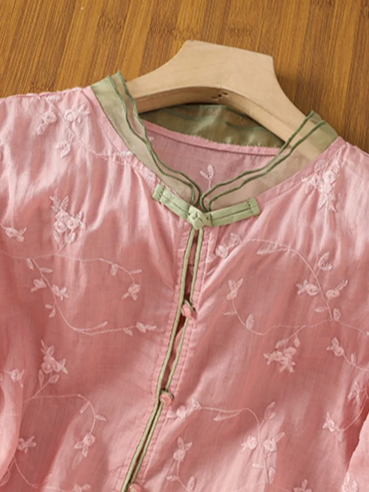 Рубашка женская с вышивкой из хлопка и льна Элегантная сорочка органзы рукавом