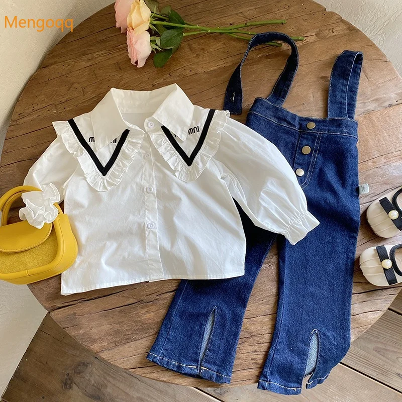 

Детские демисезонные блузки Mengoqq с длинными рукавами и оборками, однотонные джинсовые брюки