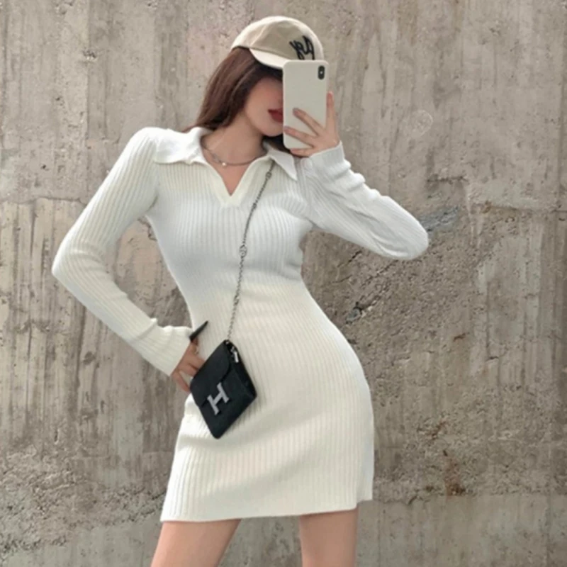 

Autumn and Winter Sexy Fashion Polo Collar Knitted Dress Women Bottoming Waist Tight Thin Package Hip Sweater Short Skirt