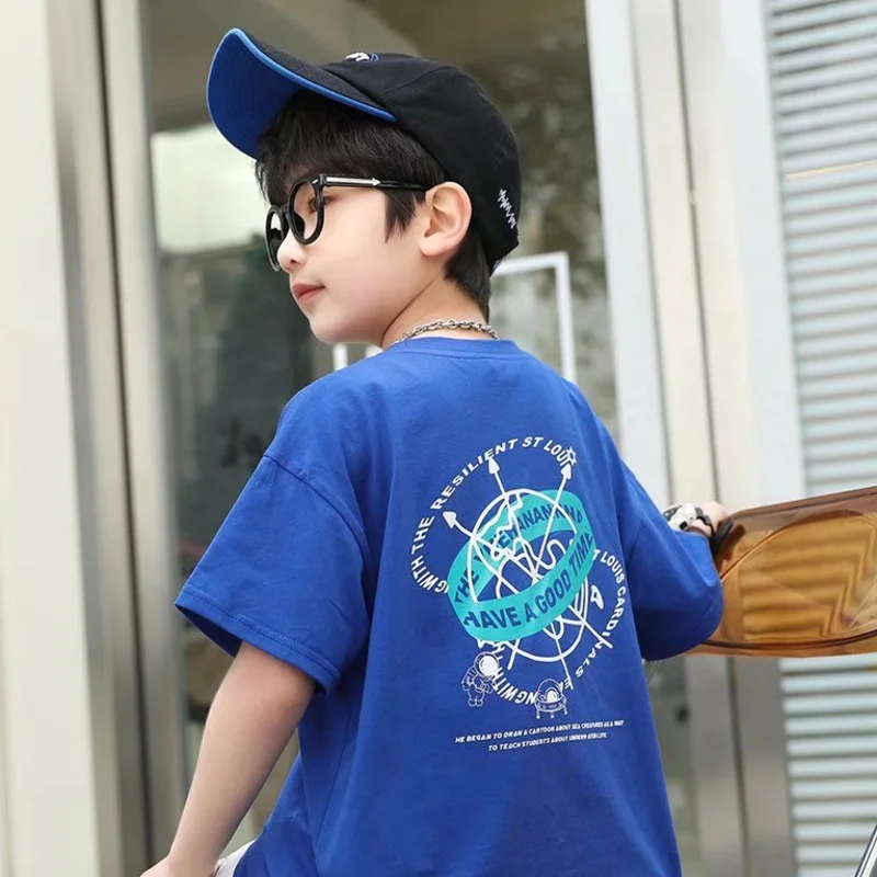 Children's Round Neck New Temperament Summer T-shirt Five-point Sleeve Simple Trend All-match Korean Style Children's Clothing