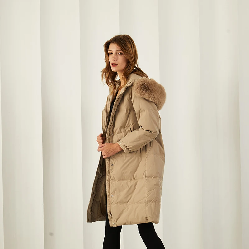 Khaki Light Brown Long Down Jacket Fur Hood Female Womens Winter Coat Thick Warm Long Real Duck Down Jacket with Fur For Women