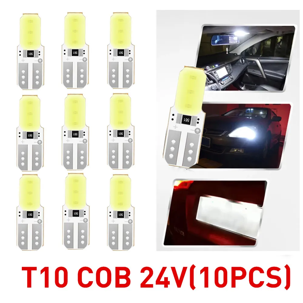 

10pcs 24V Canbus T10 W5W 194 168 COB Led Bulb Signal Lamp Dome Reading License Plate Light Car Interior Lights AutoTools