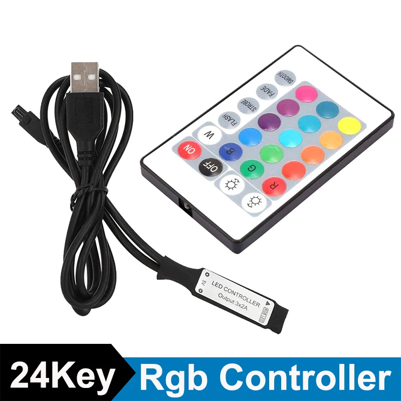 

Контроллер RGB с 24 клавишами, USB, 5 В, ИК-пульт ДУ