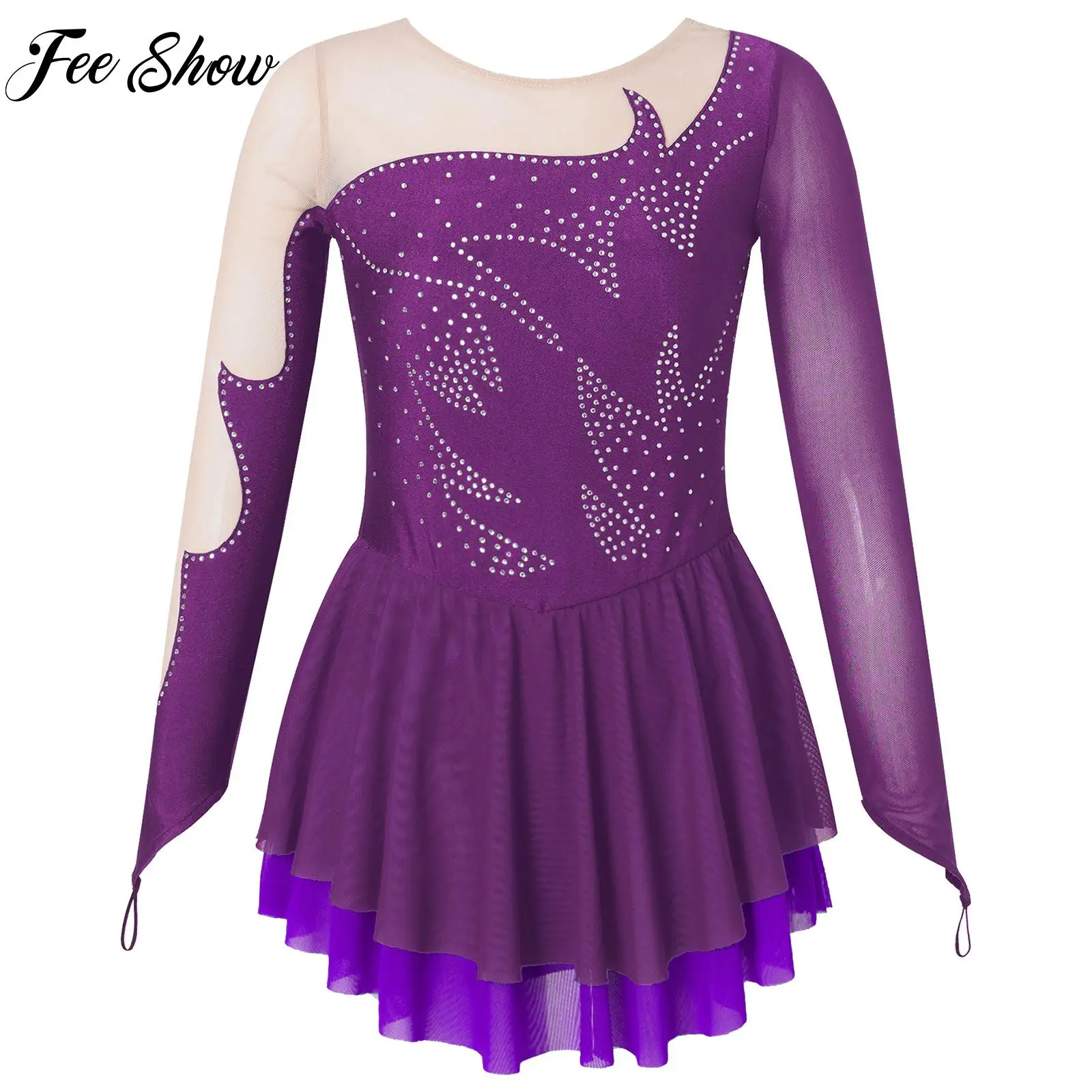 

Kids Girls Hook Finger Long Sleeve Round Neckline Patchwork Style Shiny Rhinestone Decorated Skating Dance Dress