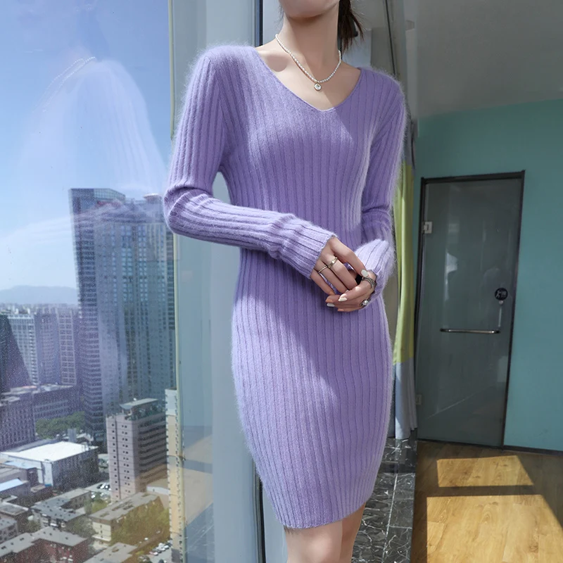Новинка Осень-Зима 100% Норковое кашемировое женское вязаное платье с V-образным