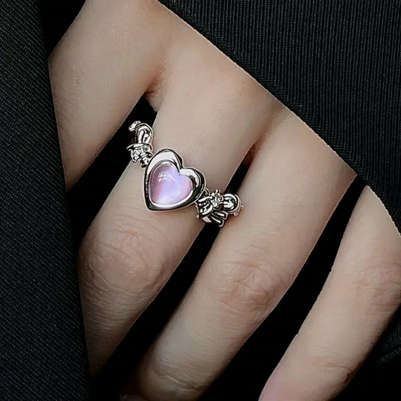 

2022 Korean New Exquisite Punk Pink Love Opening Ring Fashion Temperament Versatile Rings Female Jewelry