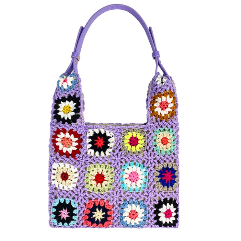 

Colorful Woven Tote Beach Handbag Floral Handmade Weaving Shoulder Bags Hand Crochet Bag Flower Stitching Shopper Bag