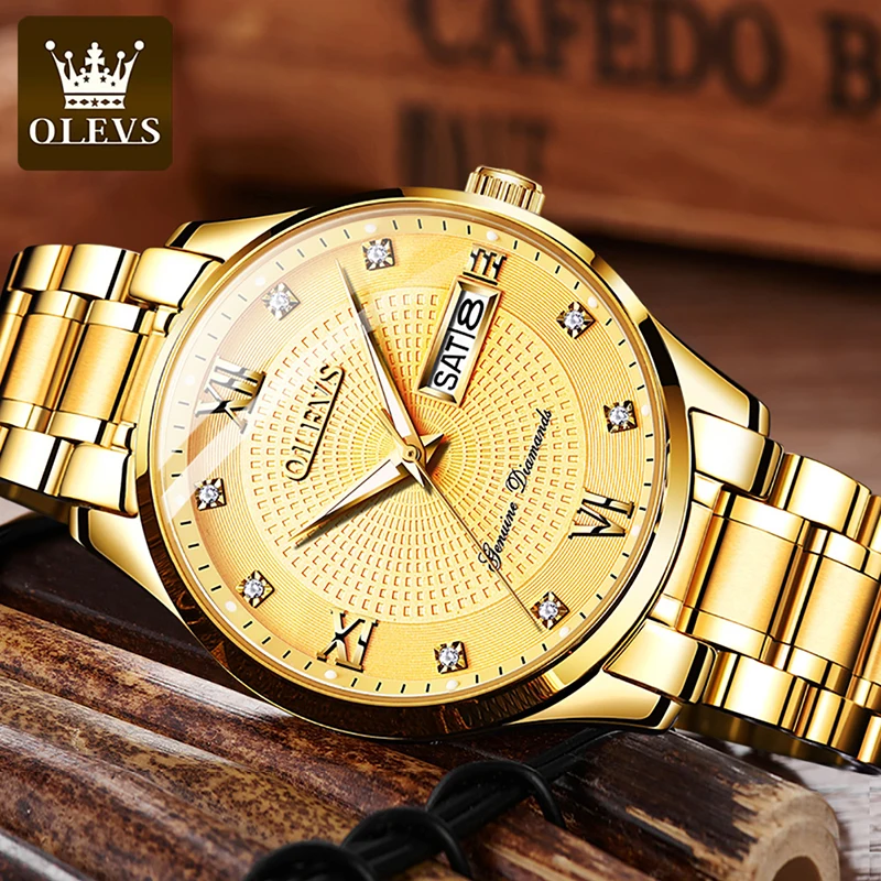 OLEVS Mens Watches Luxury Gold Mechanical Watch Luminous Week Calendar Shows Men Authentic Watches Waterproof Relogio Masculino