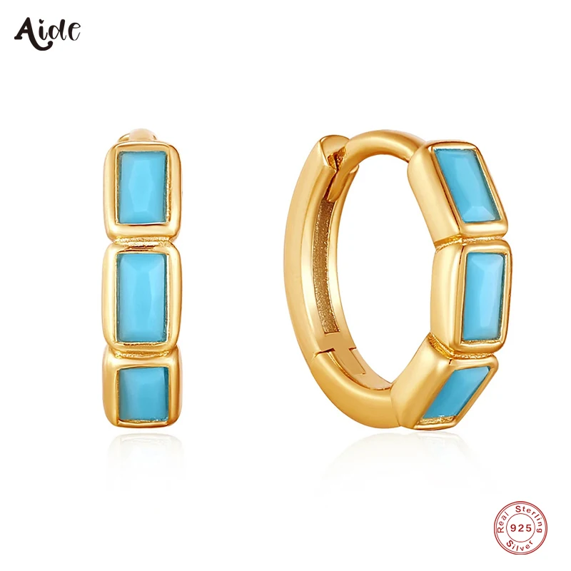

Aide 925 Sterling Silver Three Rectangle Blue Turquoise Inlaid Hoop Earrings For Women 10mm Circle Huggie Earrings Party Jewelry