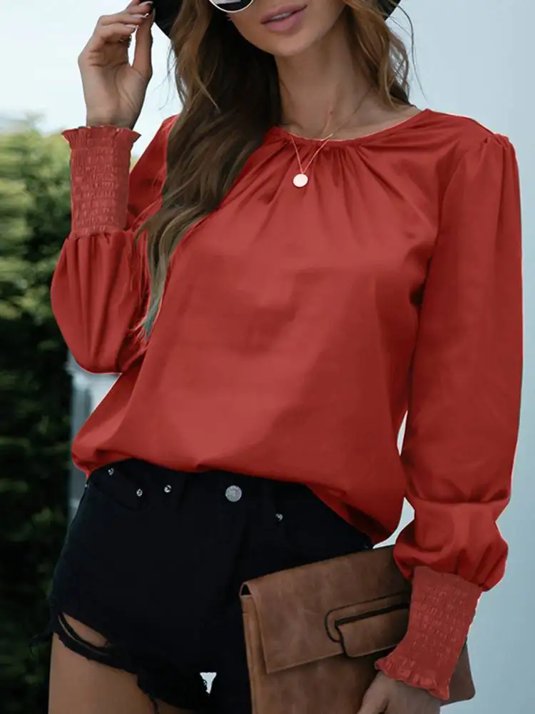 

Офисные топы ZANZEA для работы, Модная элегантная повседневная женская атласная блузка, осенняя рубашка с круглым вырезом и длинным рукавом, б...