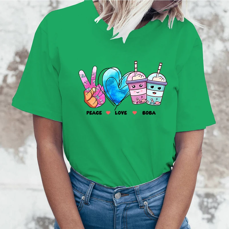 Новинка футболка с принтом Peace Love Boba женские топы коротким рукавом футболки