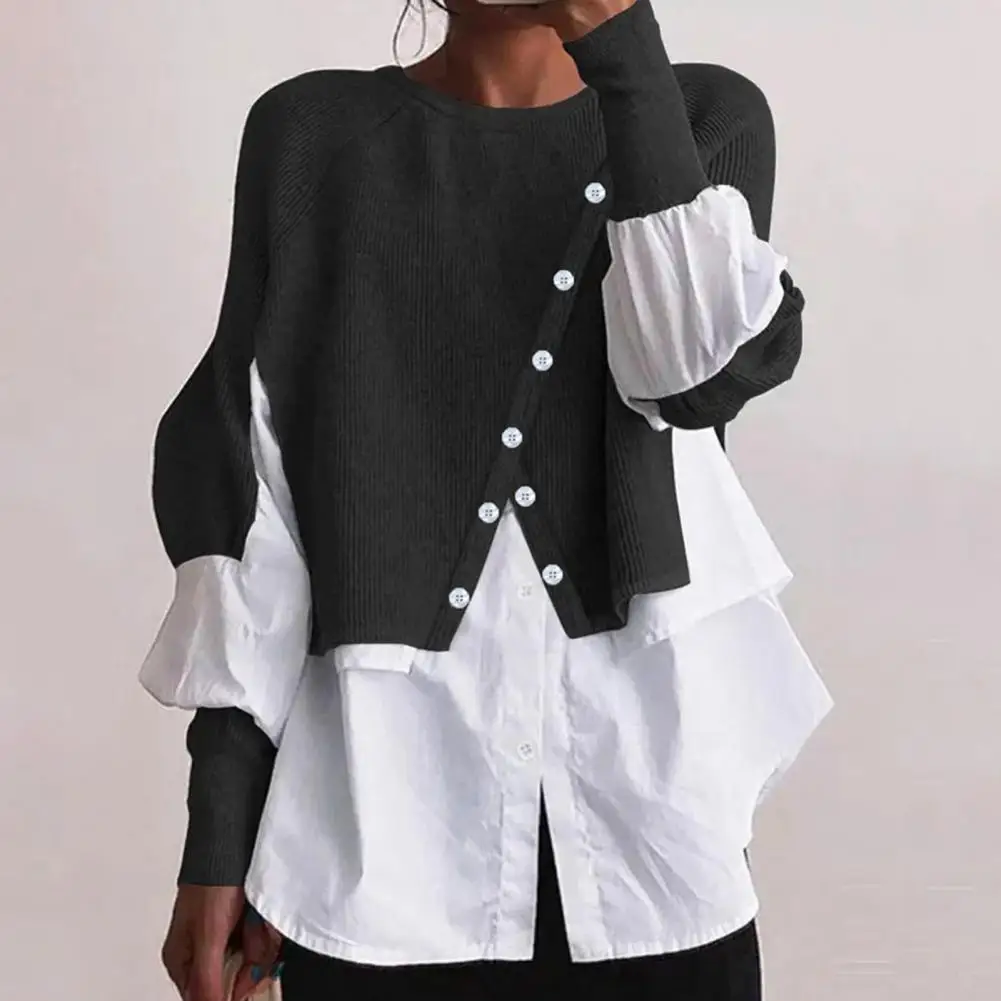 

Women Sweater Long Sleeves Irregular Button Decor Loose Color Matching Warm Patchwork Crew Neck Autumn Blouse Female Clothes