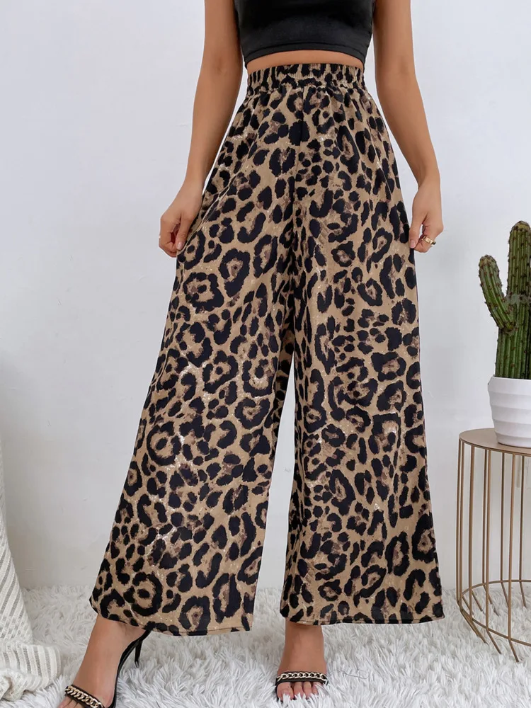 

SRUBY Women's Pants Fashion Trend Leopard Print Casual Elastic Waist Loose Wide Leg Pants 2021 Fall New