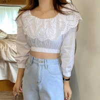 sweet women crop top pure solid white long sleeve large lapel flower hollow out short high elastic waist ladies top blusa mujer
