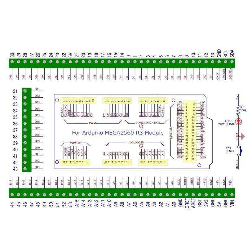 Модуль адаптера винтовой клеммной колодки для крепления на DIN-рейку Arduino MEGA-2560 R3
