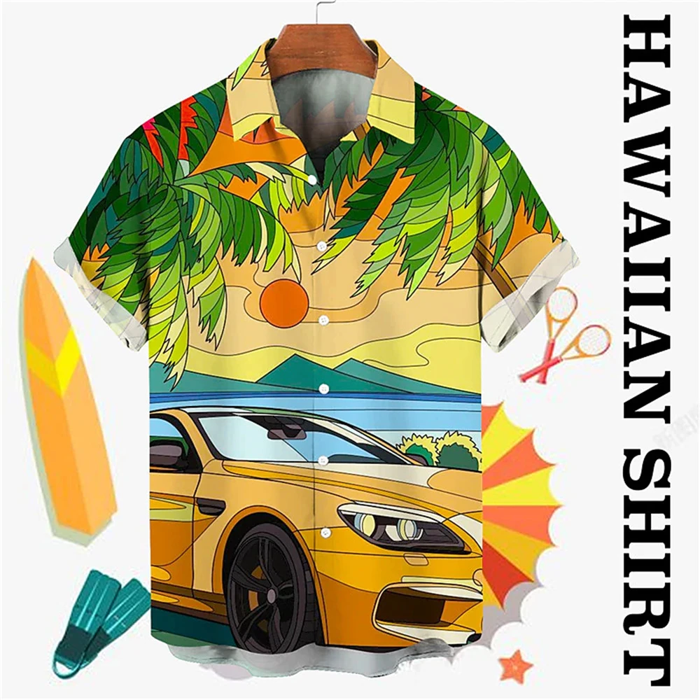 2023 Hawaiian shirt Men's coconut tree 3d print beach abstract car pattern Men's shirt casual short sleeve button shirt shirt