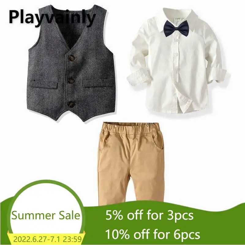 

Boy Suit 2021 New Baby bow tie+cotton shirt+vest coat+pants Fashion Outfits Set Baby Clothes E20106