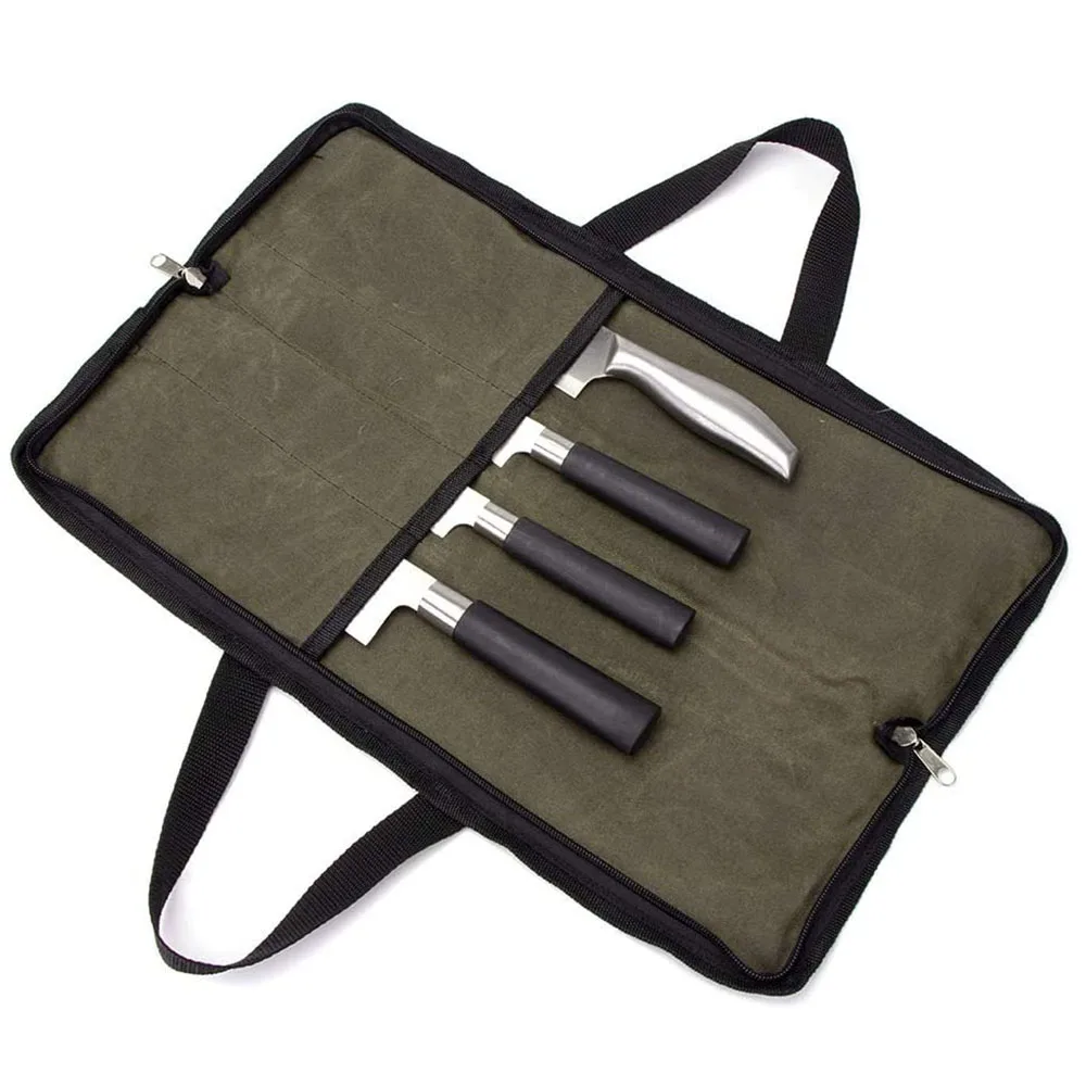 

Knife Roll Heavy Duty Knife Bag Portable Waxed Canvas knife Case With 4 Slots For Knives Kitchen Tool Chef Knife Bag With Handle