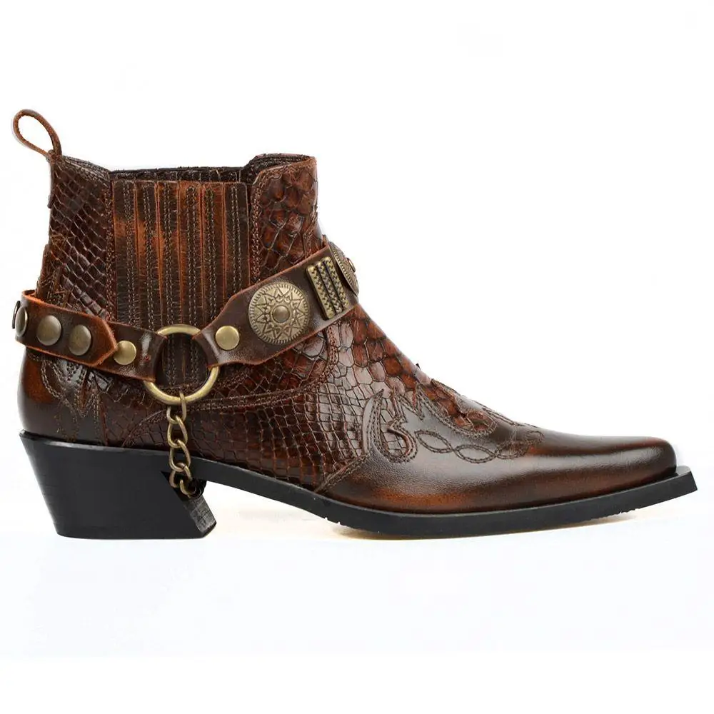 

FootCourt- Brown Western Ankle Boots Women Genuine Leather Cowgirl Boots Vintage Snake Printed Leather Bohemian Dress New Season