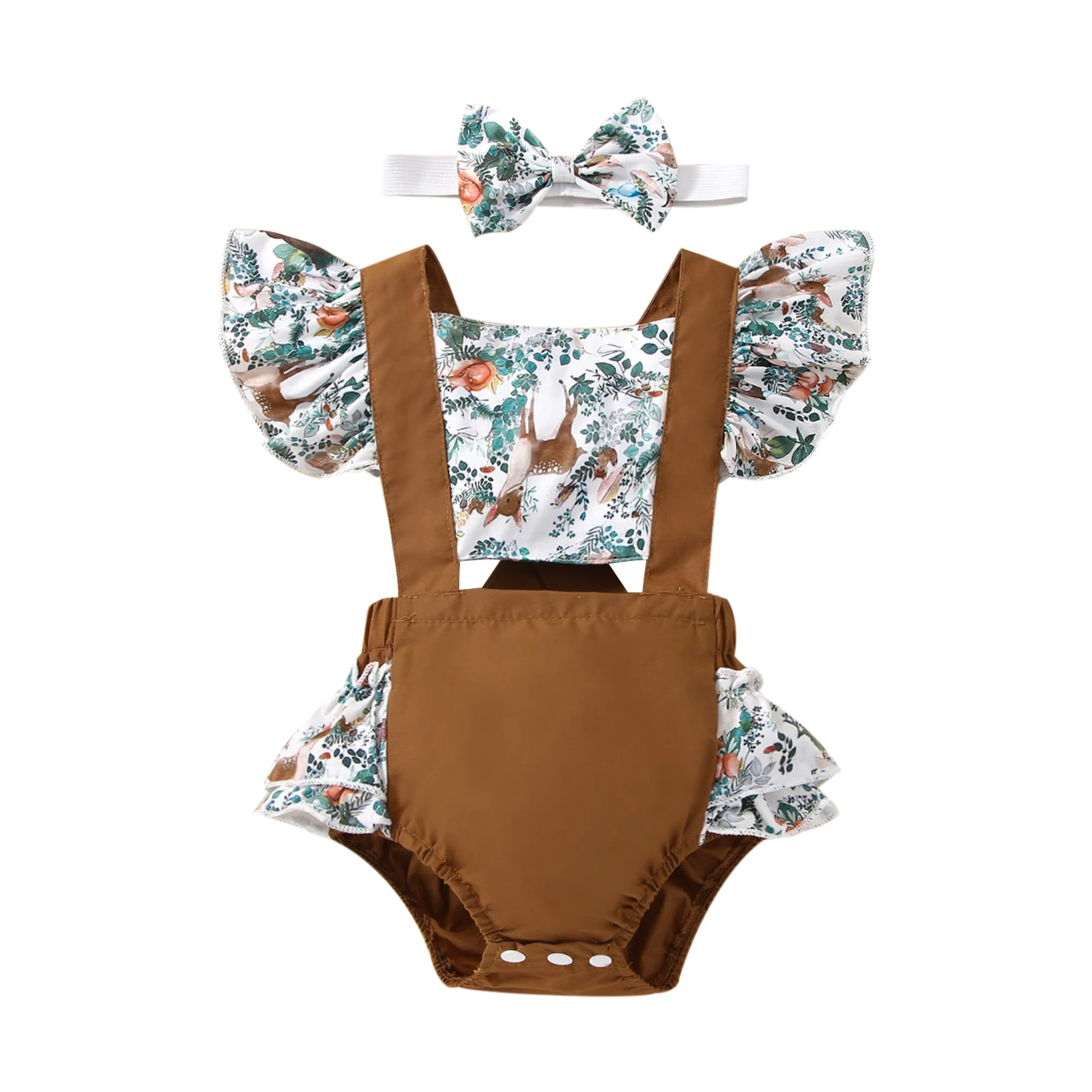 

Комбинезон для новорожденных девочек с повязкой на голову, летающий рукав, животные, цветочный принт, задние перекрестные ремни, с застежкой в промежности