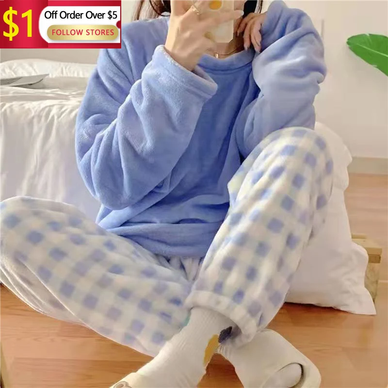 

Фланелевые женские пижамные комплекты, повседневная осенне-зимняя одежда для сна, бархатная Пижама для женщин, мультяшная Пижама для женщин, 2 шт., Pjs, теплая домашняя одежда