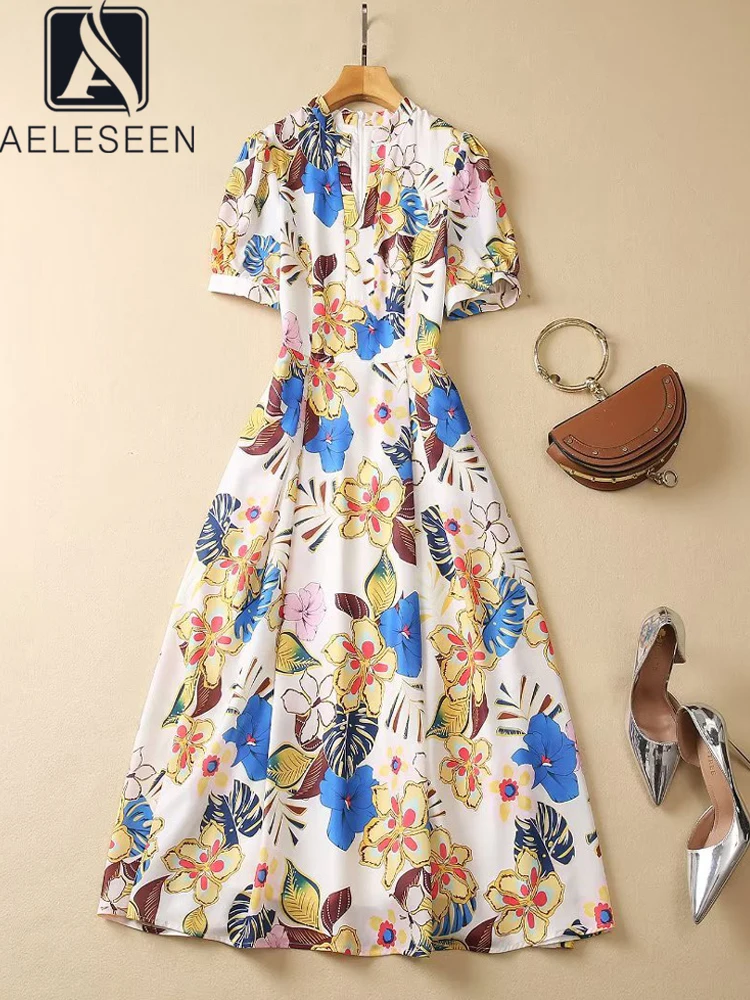 

AELESEEN Designer Fashion Summer Dress Women Boho V-Neck Lantern Sleeve Colorful Flower Print Pocket Midi Party Holiday