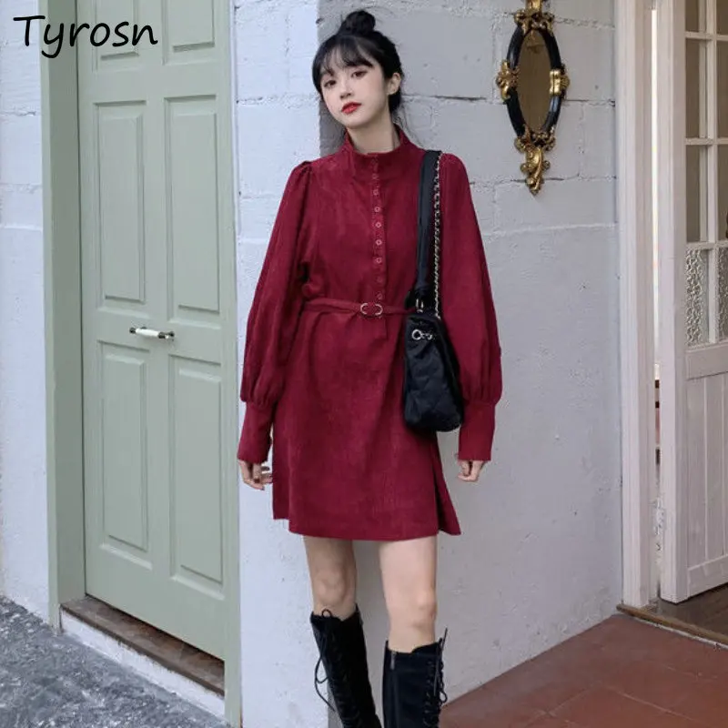 

Женские вельветовые платья в стиле ретро, минималистичные чистые милые осенние модные мини-платья в Корейском стиле, дамские свободные пла...