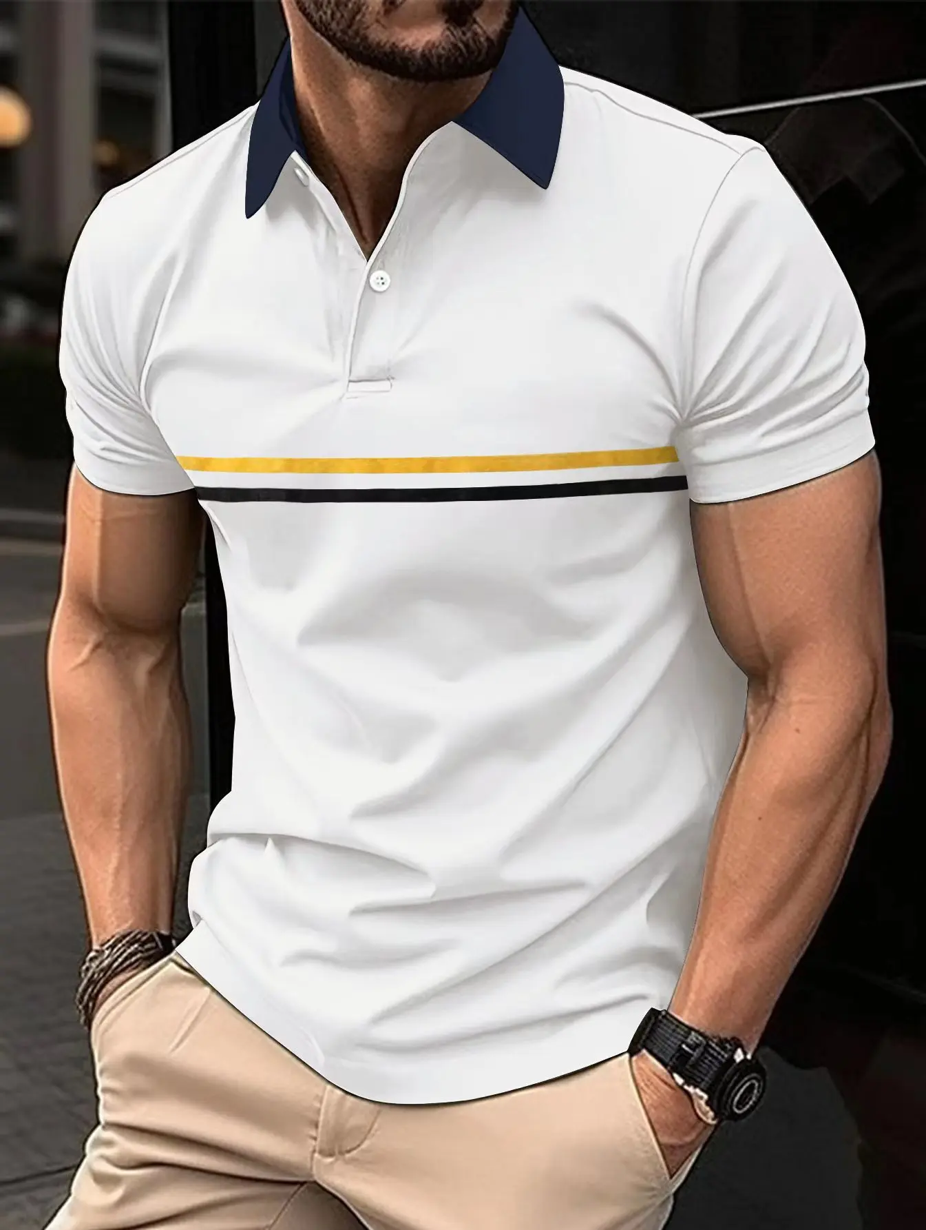 

Summer Men's Double Striation Casual Short-Sleeved Polo Shirt Office Lapel Button T-Shirt Men's Polo Shirt Men's Clothing