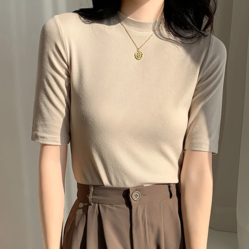 

Women's Summer New Knitted Top Short Sleeve O Neck Slim Thin T Shirts Female Solid Basic All-Match Short Knit T-Shirt Tees Femme