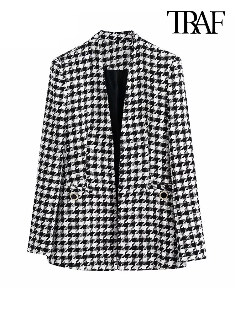 

TRAF Women Fashion Tweed Houndstooth Blazer Coat Vintage Long Sleeve Welt Pockets Female Outerwear Chic Veste