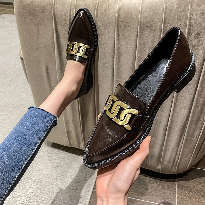 

British Metal chain small leather shoes women oxfords sneakers derbies shallow pointed toe thick heels loafers ladies flats 2022