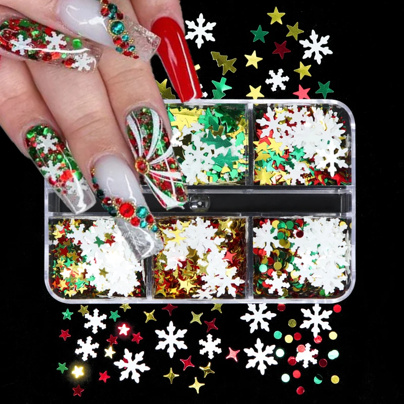

6 ячеек, рождественские снежинки, блестки для ногтей, белые снежинки, блестящие хлопья, дизайн для маникюра, зимние декоративные аксессуары ...