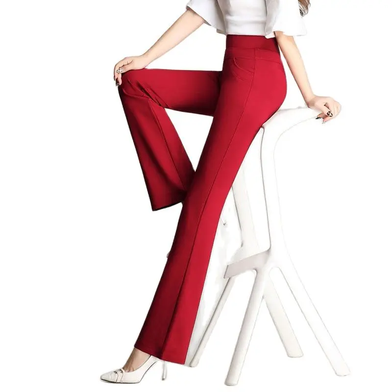

Womens Slim Straight Elegant High Waist Pants Female Long Solid Color Stretchy Flared Pants Elastic Band Trousers 6XL