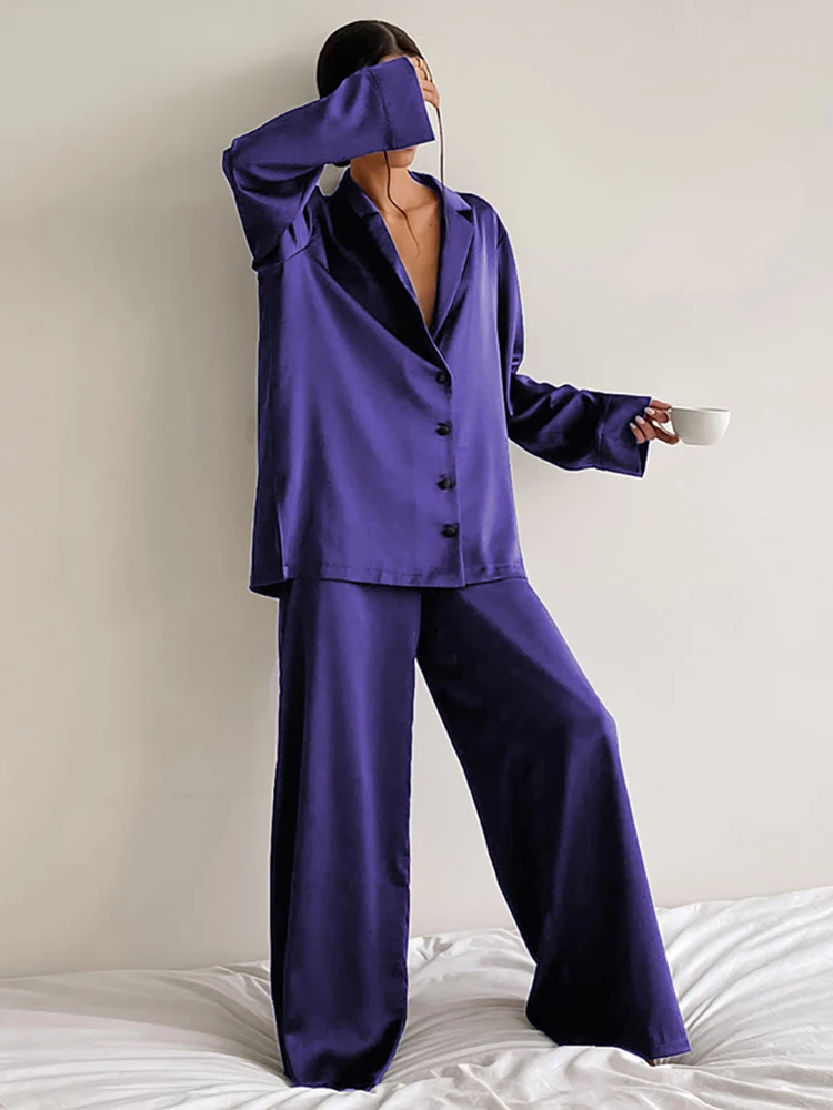 Restve Loose Sleepwear Female 2 Piece Set Oversized Satin Turn Down Collar Long Sleeve Tops Casual Women Sets With Pants 2022
