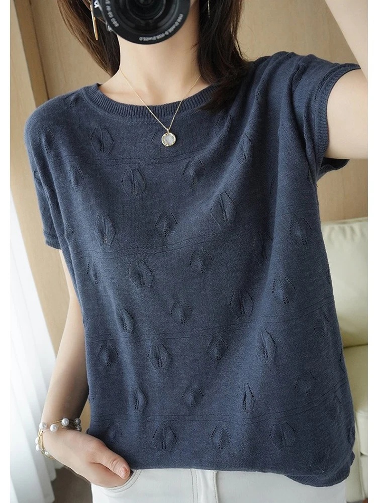 

Tee Shirt Femme Knitted T-shirts Short Sleeve Top Women O Neck Loose Casual Womens Clothing Summer 2023 New T Shirts Ropa Mujer