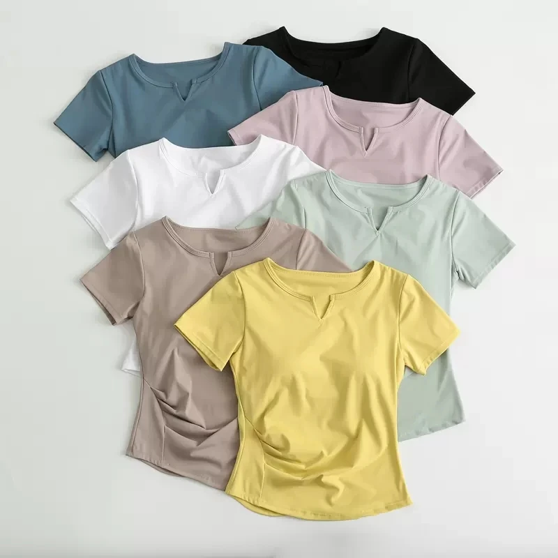 Lulu Chest Pad Yoga Clothes Women V Neck Comfortable Elastic Fitness Running Short Sleeve Sports Tight Gym Tops Spring Summer