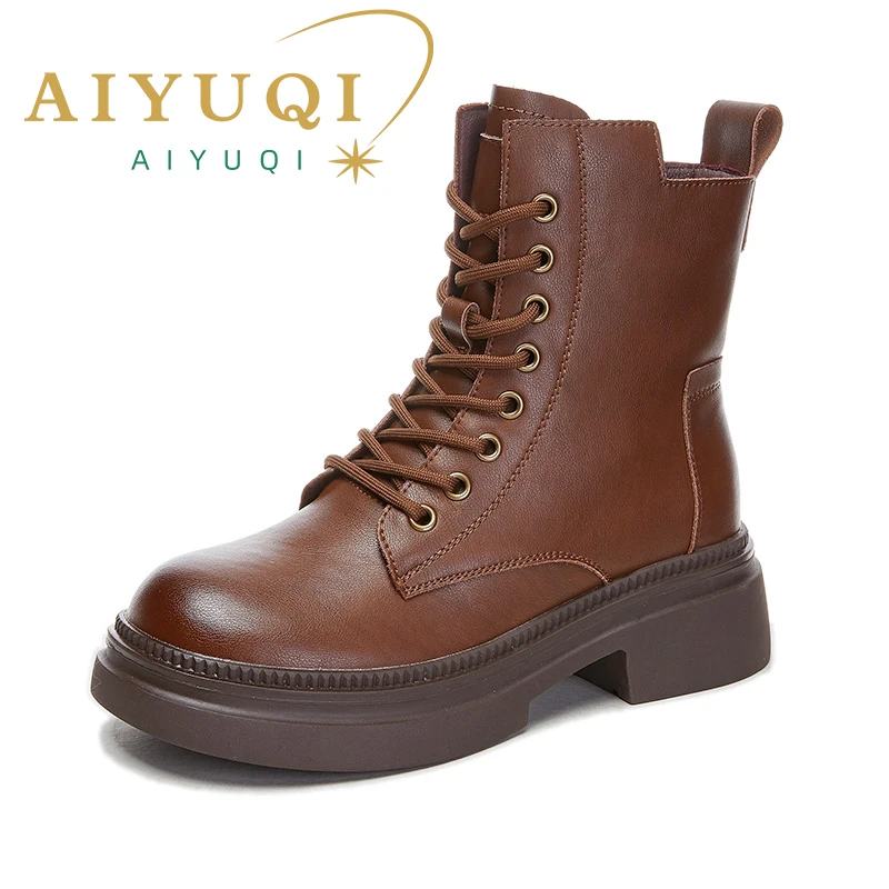 

AIYUQI Women Biker Boots Genuine Leather 2023 Winter New Lace up Women's Ankle Boots Fashion Retro Platform Women's Booties
