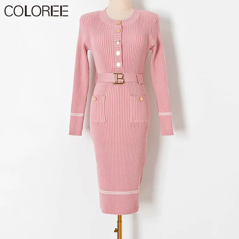 

Женское трикотажное платье-свитер средней длины, элегантное платье-свитер с круглым вырезом и золотыми пуговицами и длинным рукавом, осень 2023