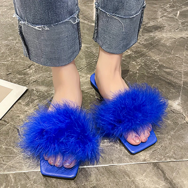 

Comem Sandal Women 2023 Non Slip Slides Shoes Woman Fashion Square Toe Fluffy Slippers Female Flipflop Blue Summer Flat Slipper