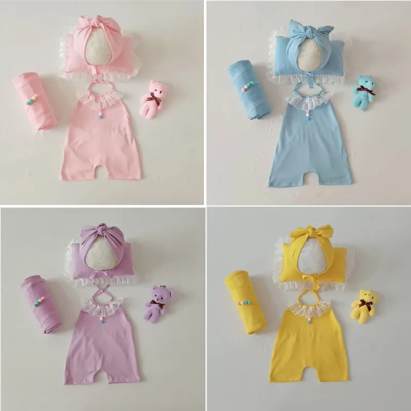 Newborn Photography Clothing 6Pcs/Set  (Hat+Pillow+Romper+Headband+Wrap+Doll) Studio Baby Photo Props Accessories Shoot Clothes