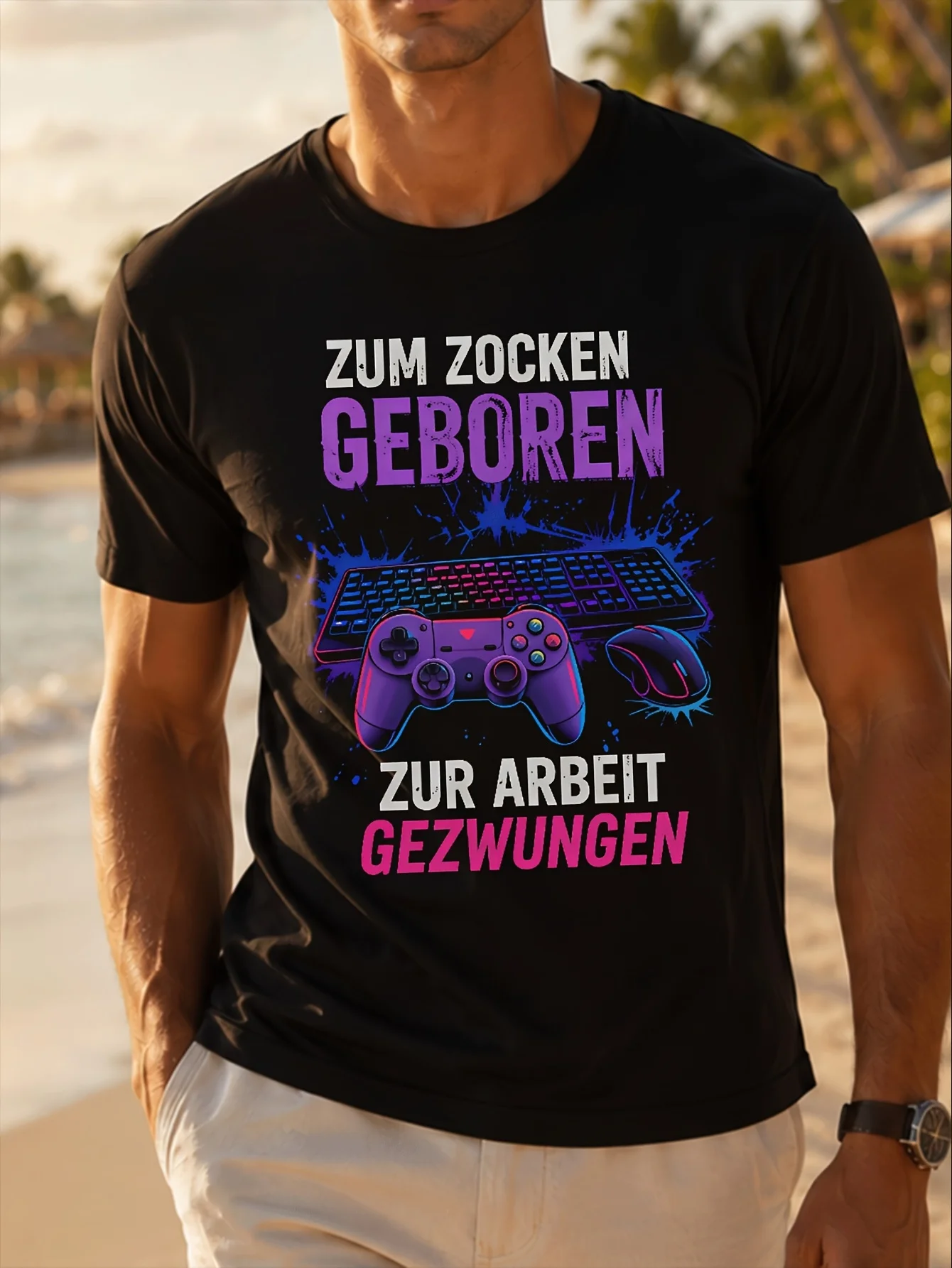 Фото ZUM ZOCKEN GEBOREN ZUR ARBEIT GEZWUNGEN Gamer1 для мужчин, летняя повседневная легкая футболка для отдыха на море, унисекс, универсальная футболка №1
