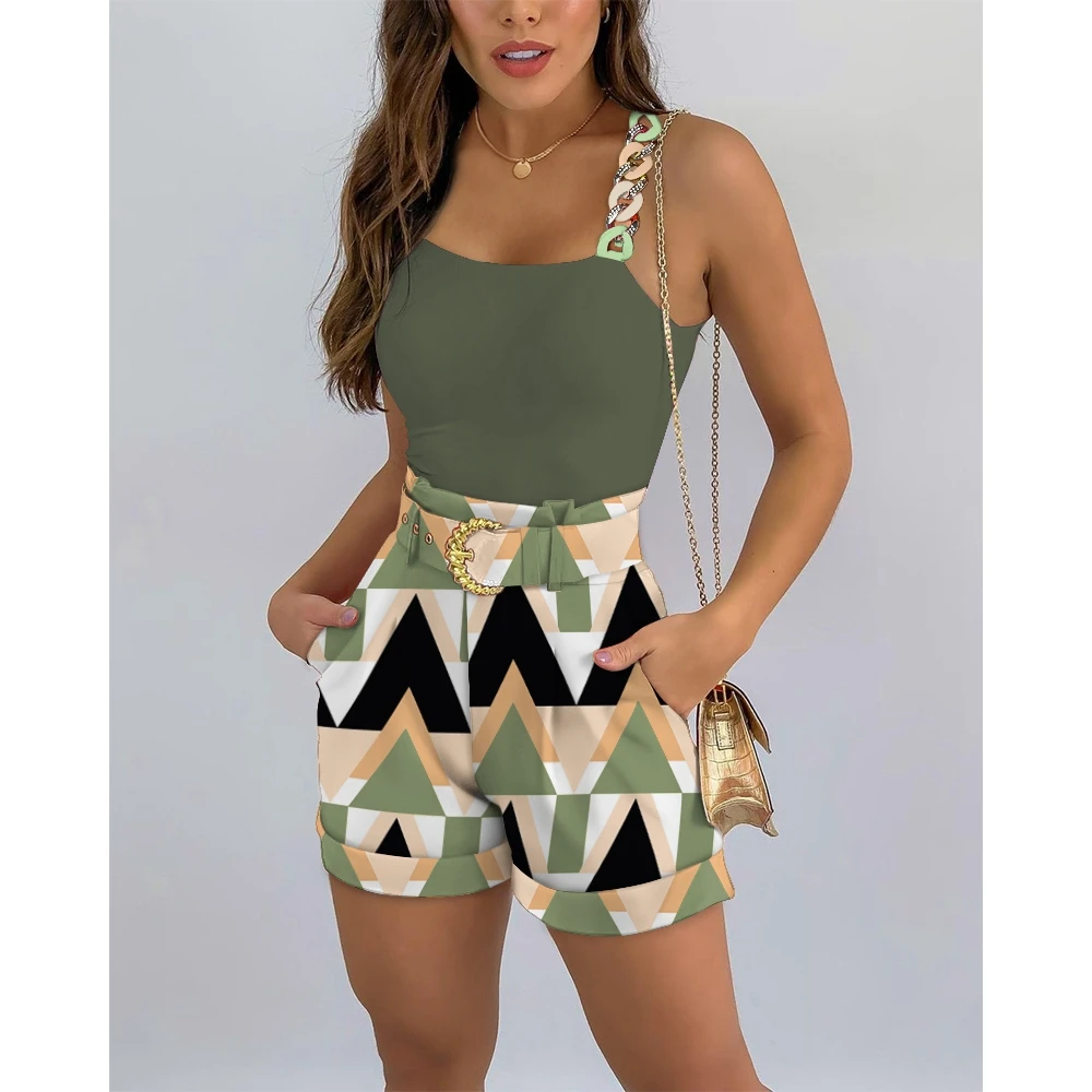 2023 Casual Two Piece Set for Women Chain Strap Tank Top & Geometric Print Shorts Set With Belt Streetwear Summer Outfits