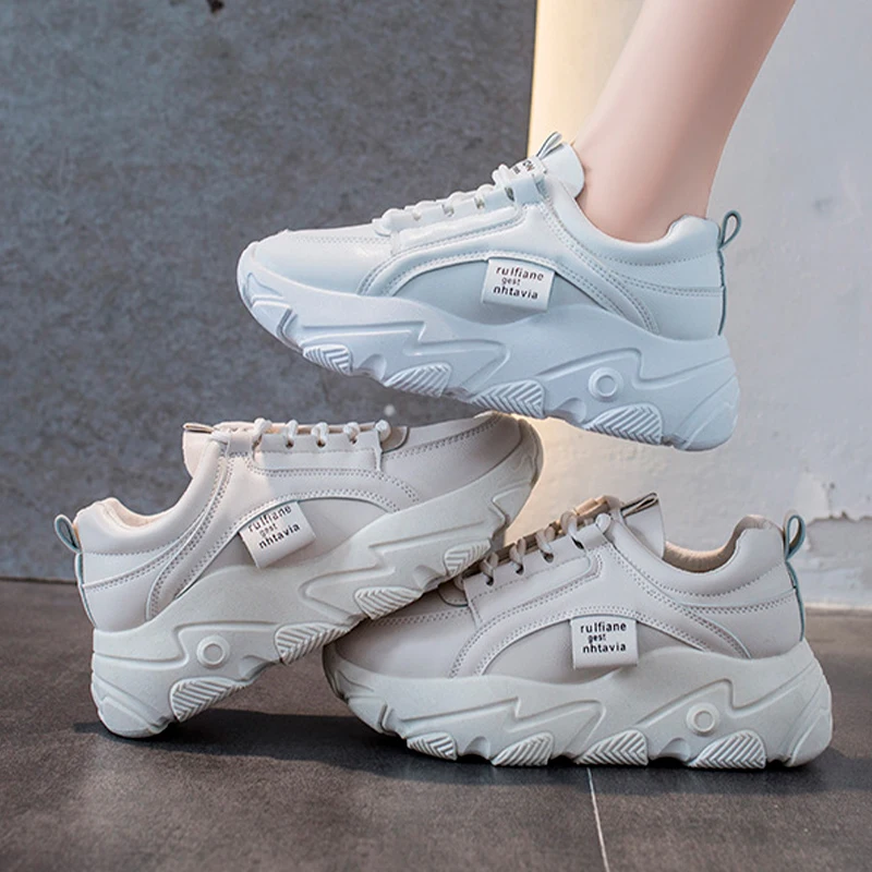 Women's Vulcanized Shoes Lace Up Thick Bottom Solid Shallow Female Sneakers Fashion Comfortable Leisure Concise Ladies Footwear