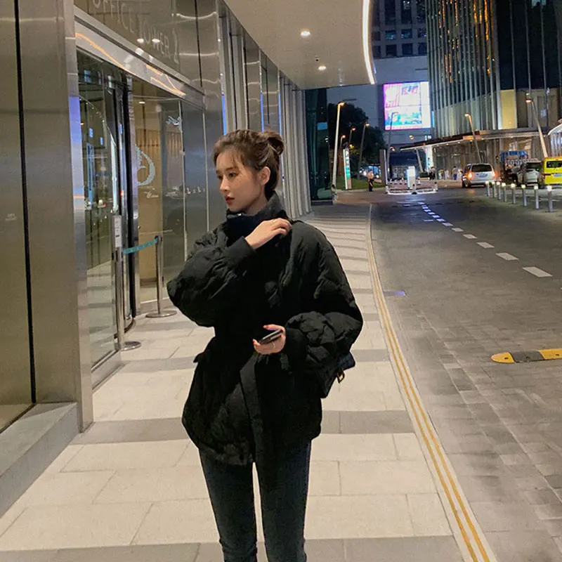 Autumn Winter New Stand Collar Solid Casual Velvet Overcoat Women's Fashion Short Lightweight Waist Tie Warm Down Jackets Coats