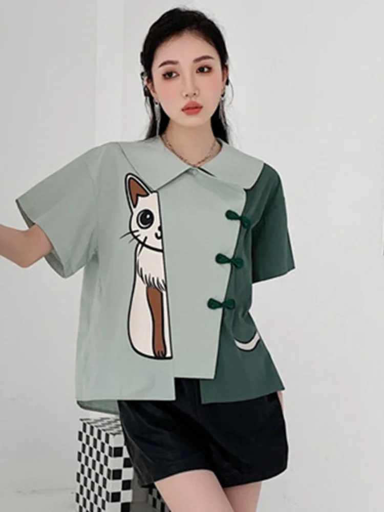 

Contrasting Color Patchwork Cartoon Print Green Short Sleeve Shirt For Women 2022 Summer Female Fashion Clothing G133