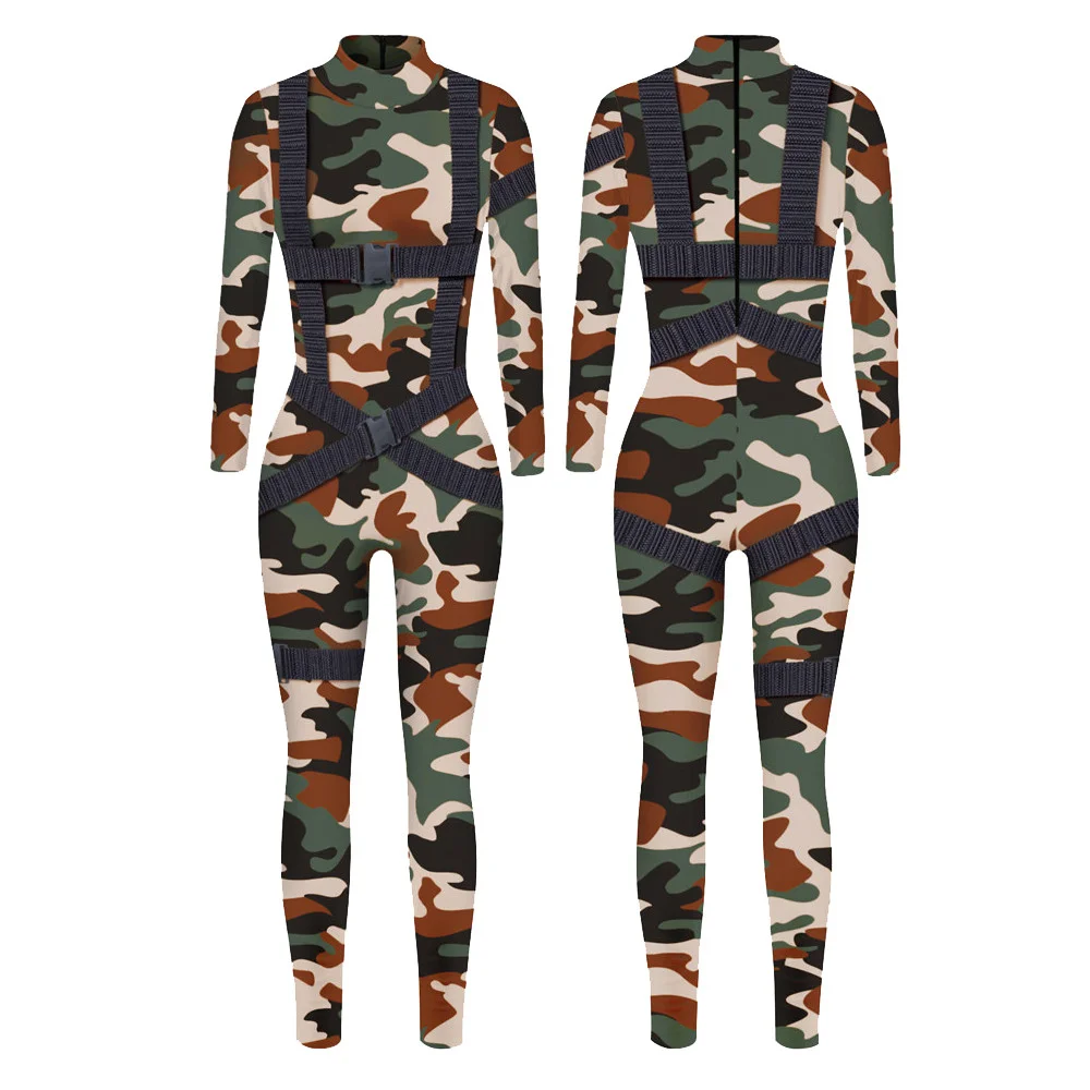 

IOOTIANY Camo Straps Print Jumpsuit Long Sleeve Sexy Women Skinny Jumpsuit Party Series Cosplay Elastic 3D Bodysuits 2023