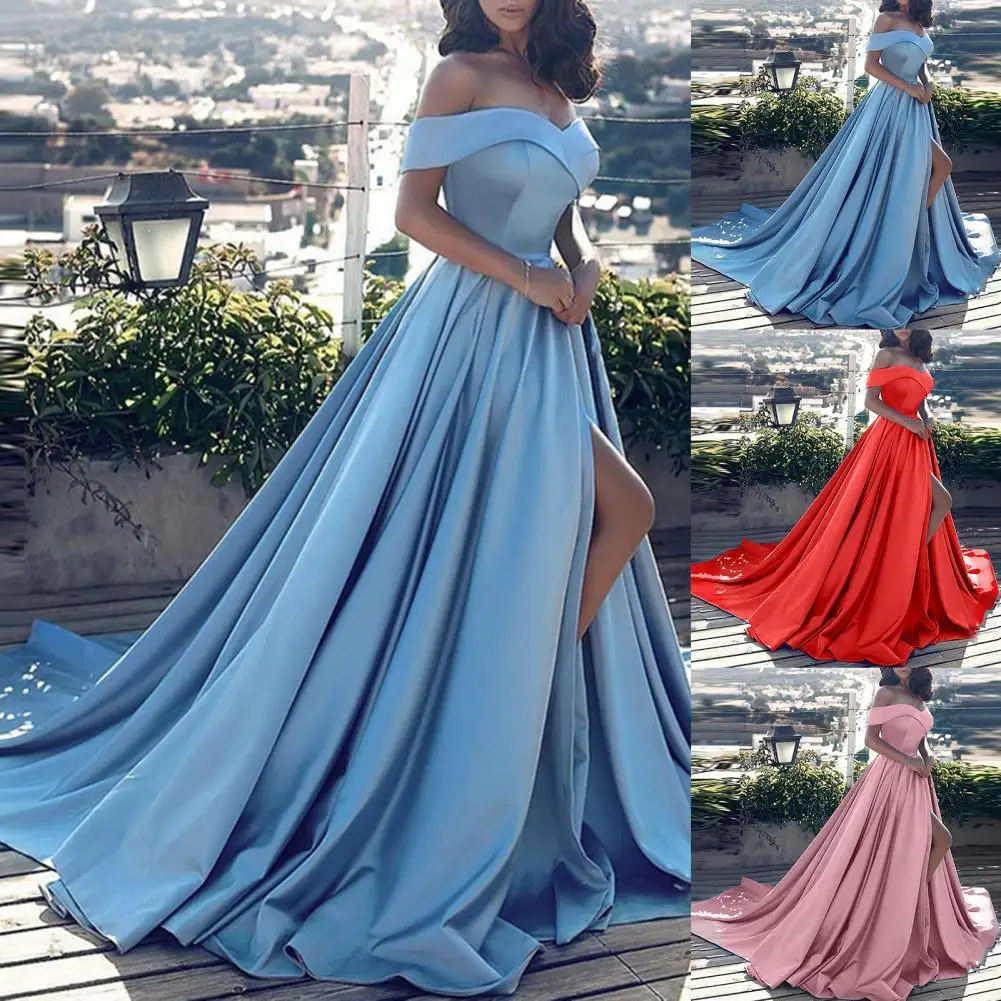 

Elegant Banquet Dress Floor Length Large Hem Women Off Shoulder High Slit Dress