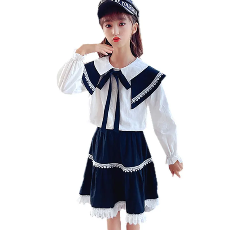 

Весенние комплекты детской одежды 2023, модная блузка с отложным воротником и длинным рукавом, юбка, повседневный костюм из двух предметов для девочек