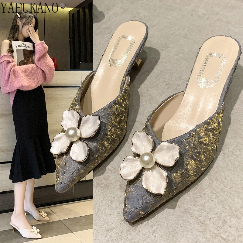 

2022 Summer Fashion Women Thin High Heels Flower Pointed Toe Shallow Slip on Sandals Muller Slippers Design Elegant Ladies Shoes
